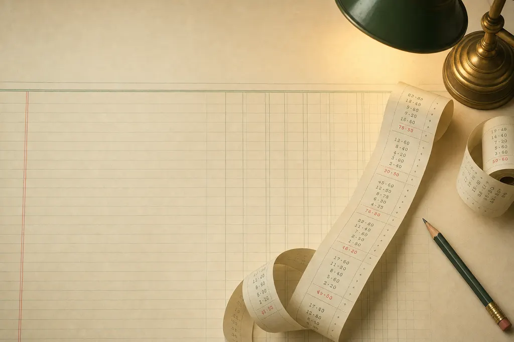 Ledger paper with a curling adding-machine tape, a pencil and a brass desk lamp